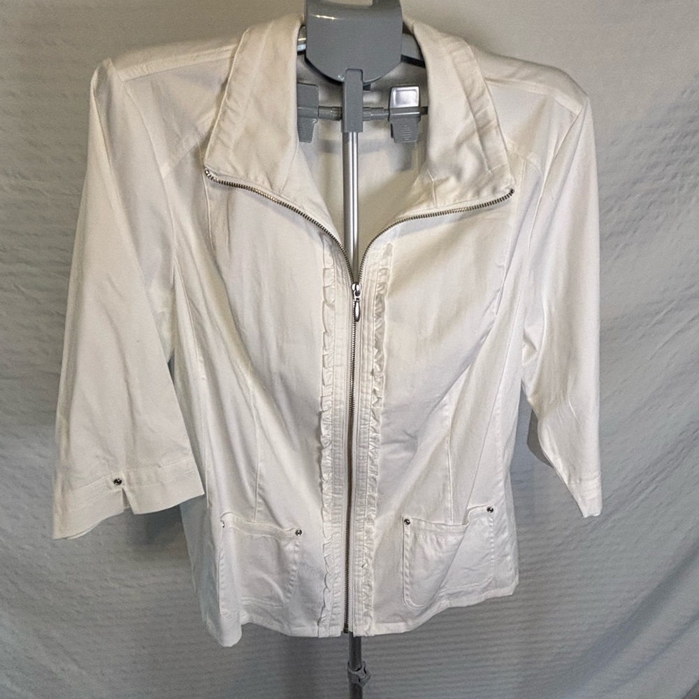 CJ Banks Cotton Plus size 2X white 3/4 sleeve white full-zip jacket ruffle trim